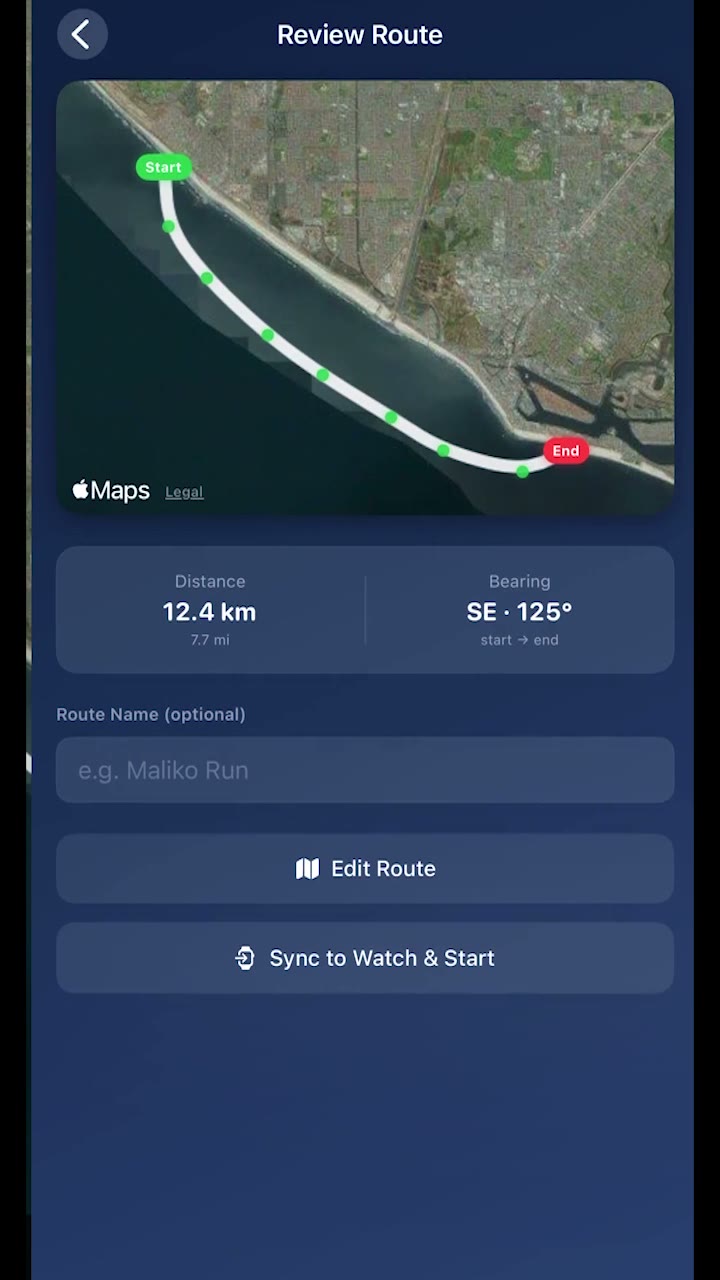 Route review screen showing distance and bearing with a Sync to Watch & Start button