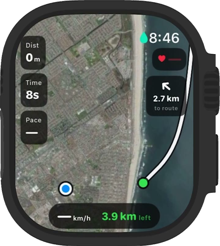 Apple Watch showing the route line, your position, and an arrow pointing back to the route
